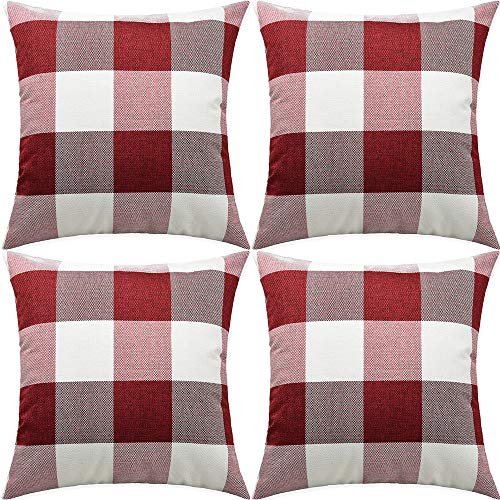 Artaimee Red and White Buffalo Check Plaid Throw Pillow Covers (18x18 inches, Set of 4) – Soft Velvet Cushion Case for Sofa, Couch, Bed, Home Décor, and Holiday Decorations