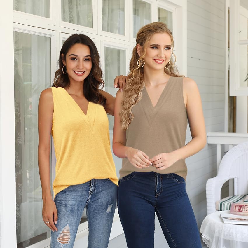 Womens Tank Tops V Neck Basic Solid Color Casual Flowy Summer Fashion Loose Sleeveless Comfort Colors T Shirts,Yellow,Khaki,XXL - Image 2