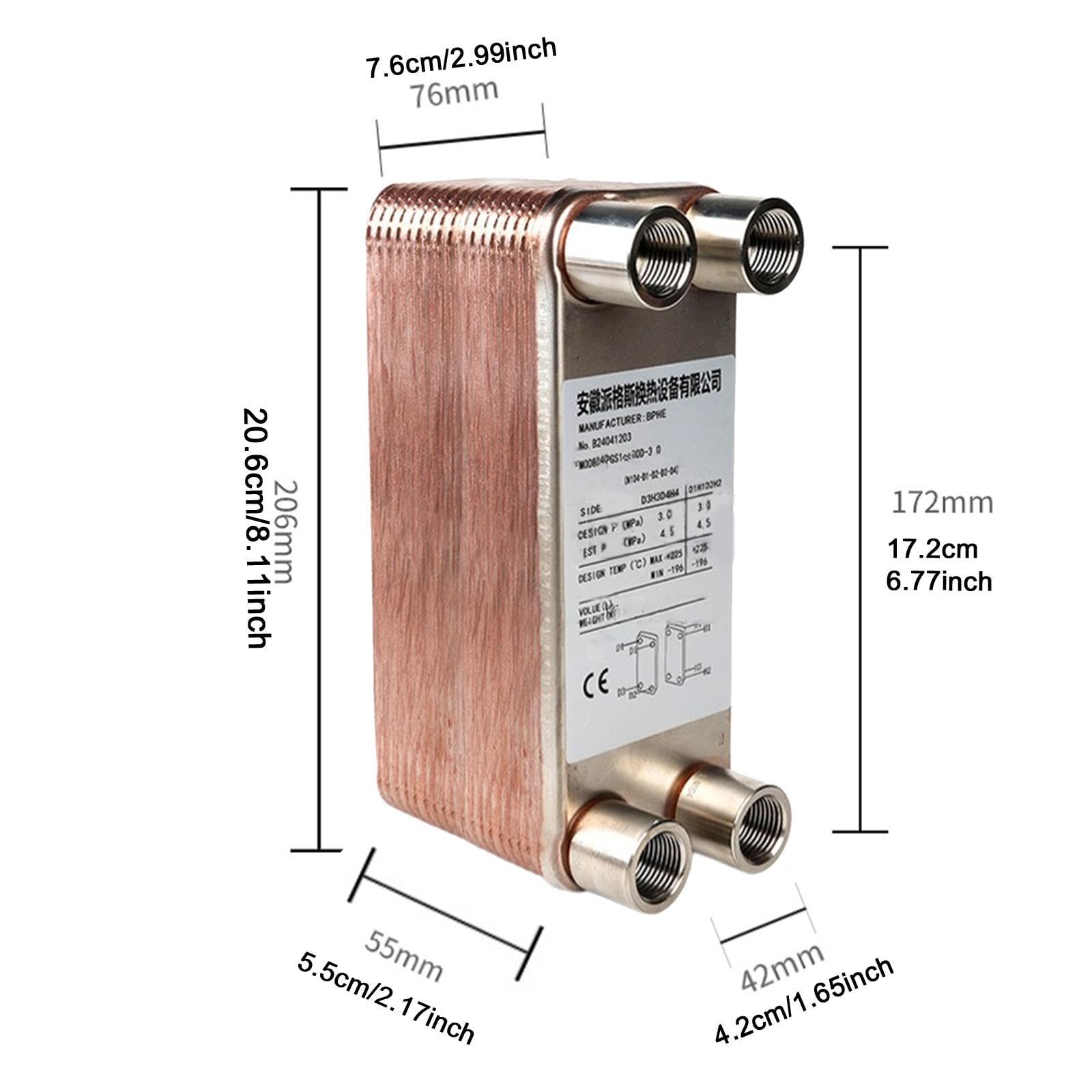 Échangeur à Plaques Brasées Compact pour Systèmes de Chauffage et Refroidissement Ports NPT Femelles 1/2 Pouce Adapté aux Applications, 20 Assiettes