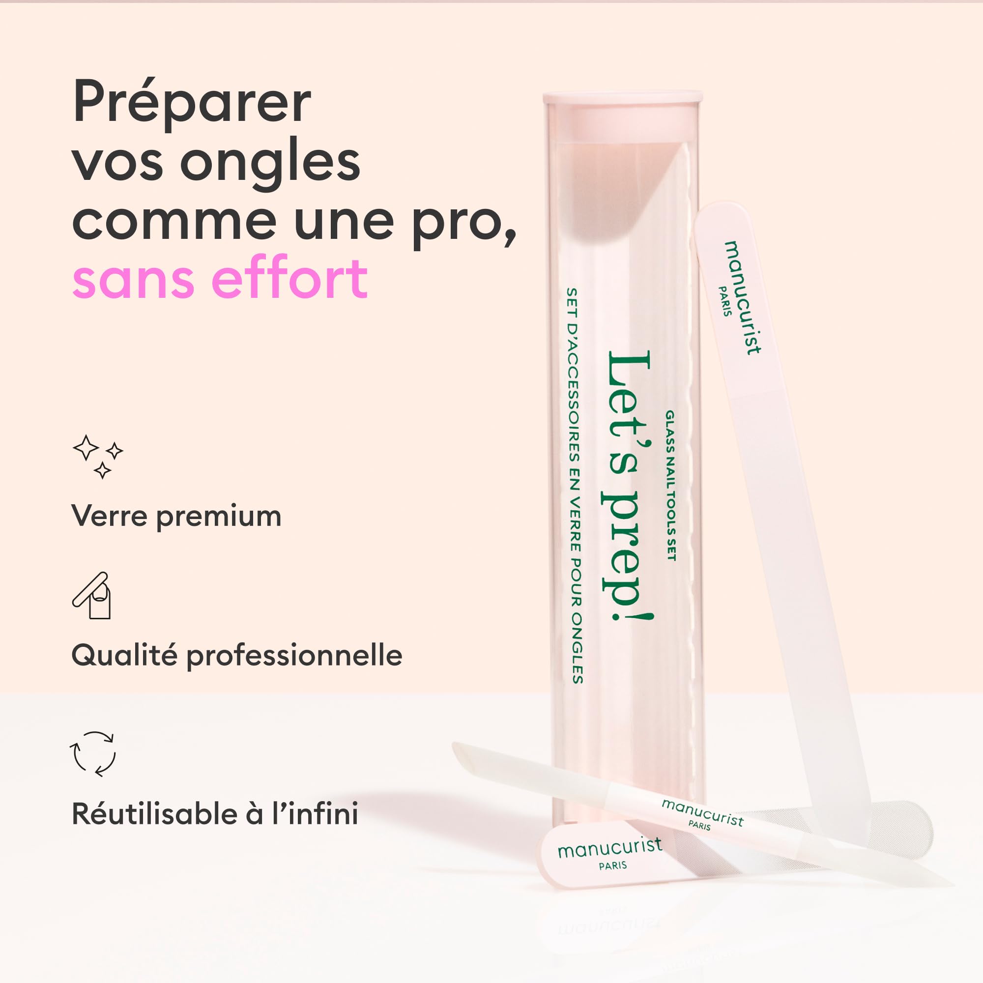 Manucurist Trio Coutellerie - Coffret Tube Exclusif: 1 Lime à Ongles, 1 Polissoir & 1 Pousse Cuticules en Verre - Accessoires Professionnels - Set Préparation Ongles - Made in France