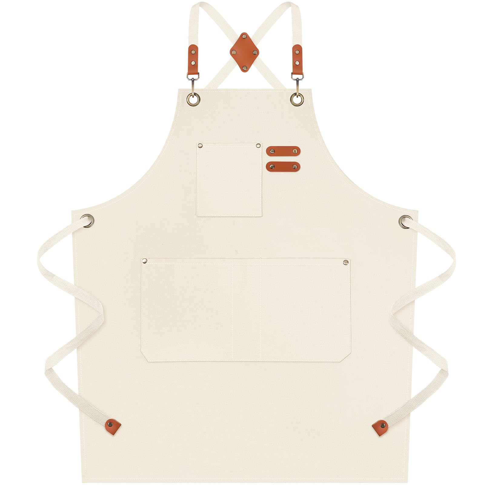 Riqiaqia White Chef Apron for Men Women, Water-Resistant Cotton Canvas Cross Back Aprons with Adjustable Strap and Large Pockets for Kitchen Cooking Baking Artist Painting