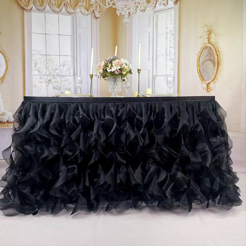 Image of Luxury Organza Mesh Table Skirt Draping Floating Romance - Perfect for Bridal Showers, Birthday Weddings - Clear Flowing Decoration for a Wonderful Main Cake Table (Black-6ft, 72 inch Lx30 inch H)
