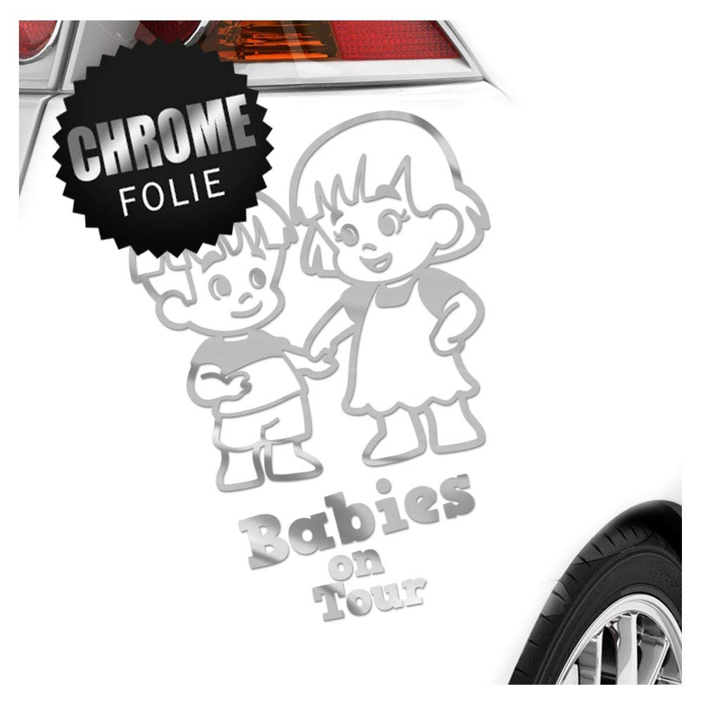 Kiwistar - Car Sticker Baby on Board - Chrome - Siblings Boy Girl - Baby on Tour 30cm - Decal for Bicycle Vehicle Truck SUV