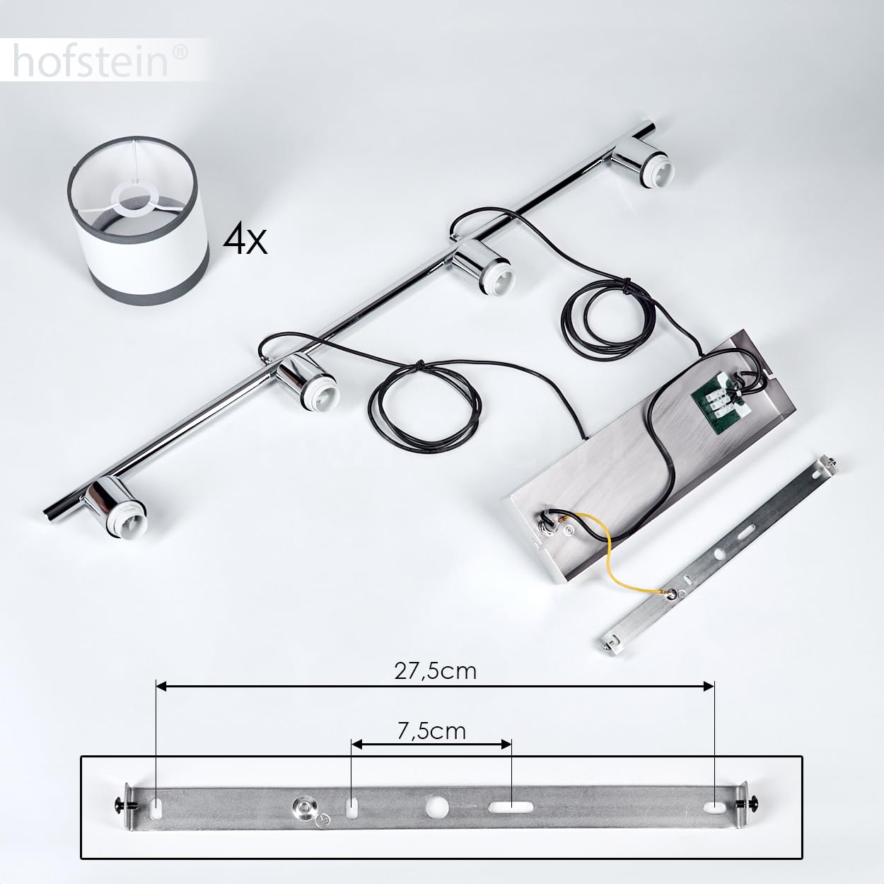 Lámpara colgante Lohobe, de metal/tejido en cromo/blanco/gris, lámpara colgante de diseño moderno con pantallas de tejido (Ø 12 cm), altura máx. 150 cm, longitud 73 cm, 4 x E14, sin bombillas,