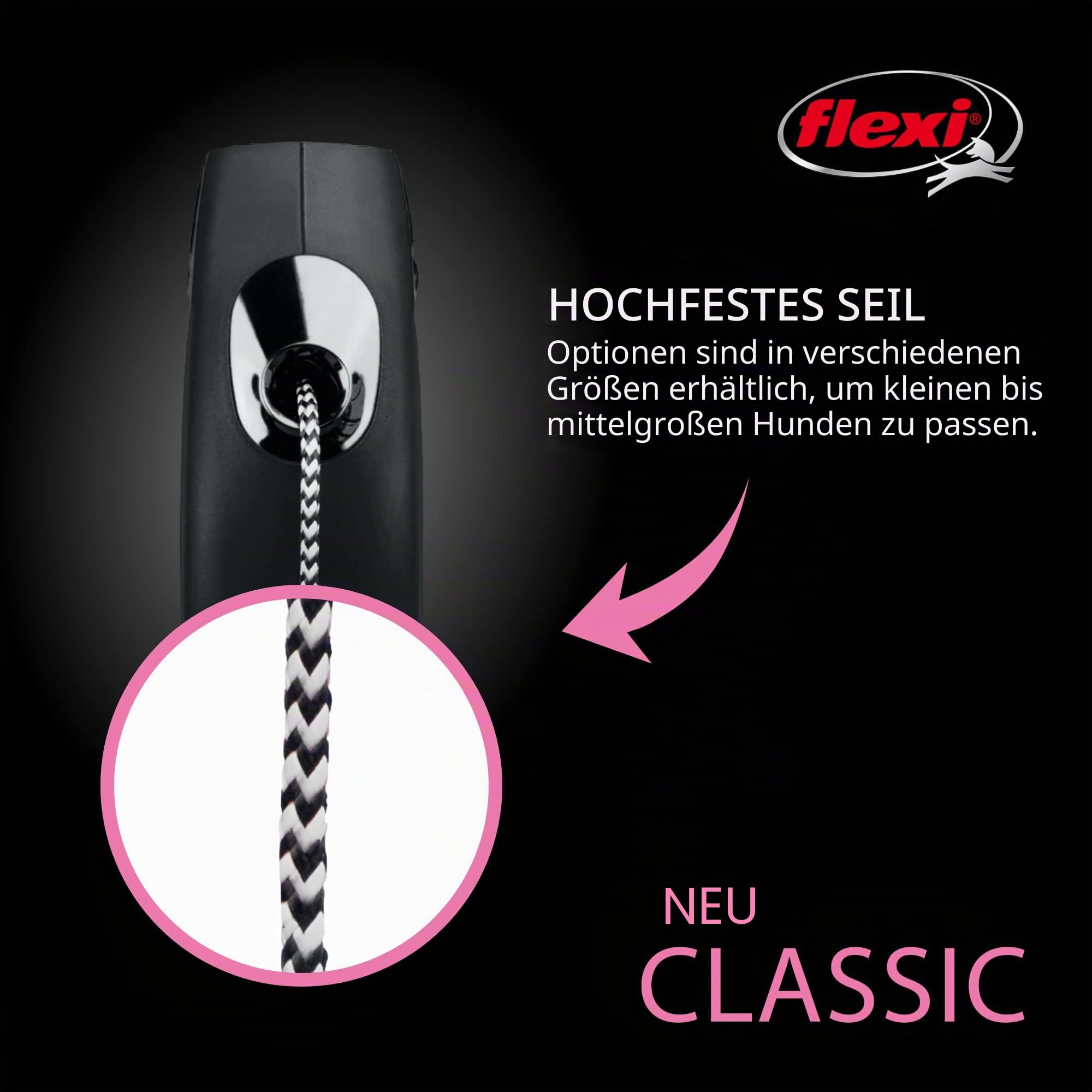 Flexi® Klassische einziehbare Hundeleine (Katze), ergonomisch, langlebig und verhedderungsfrei, für Hunde bis zu 11,8 kg, 7,9 m, klein, Schwarz