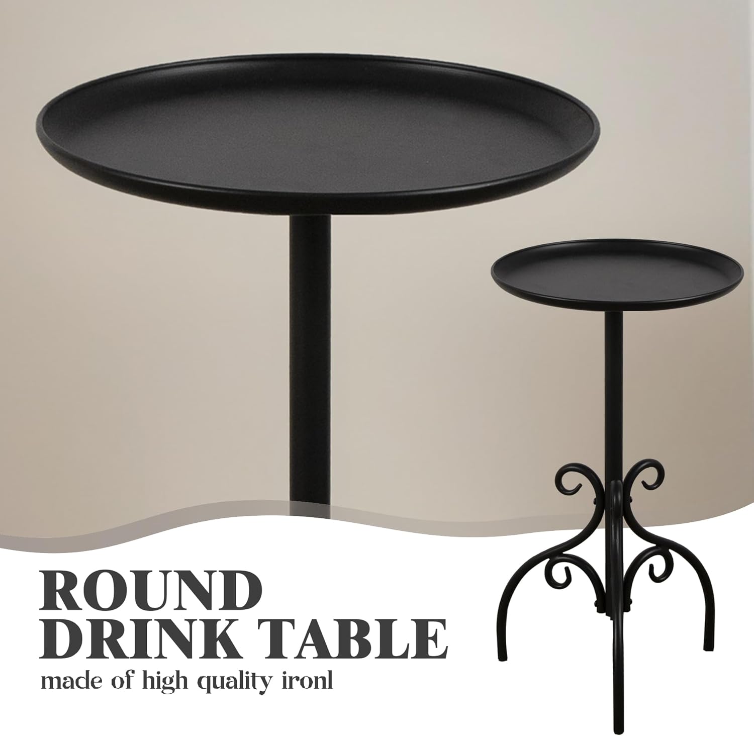 Round Side Table, Small Metal Drink Table for Small Spaces, Modern Martini Table for Living Room, Bedroom, Corners, and Office (Black)