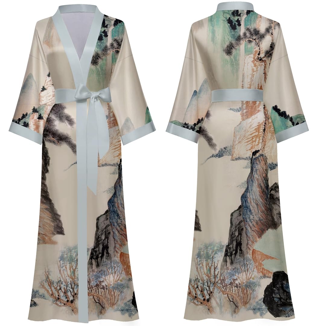 Accappatoio Donna Estivo Kimono Raso Stampato Seta Camicia da Notte Lunga Elegante