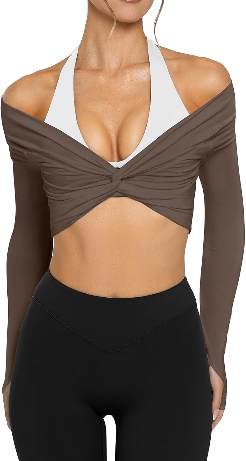 LASLULU Womens Long Sleeve Workout Tops Sexy Twist Front Bolero Shrugs Yoga Gym Ballet Wrap Tops Pilates Outfits
