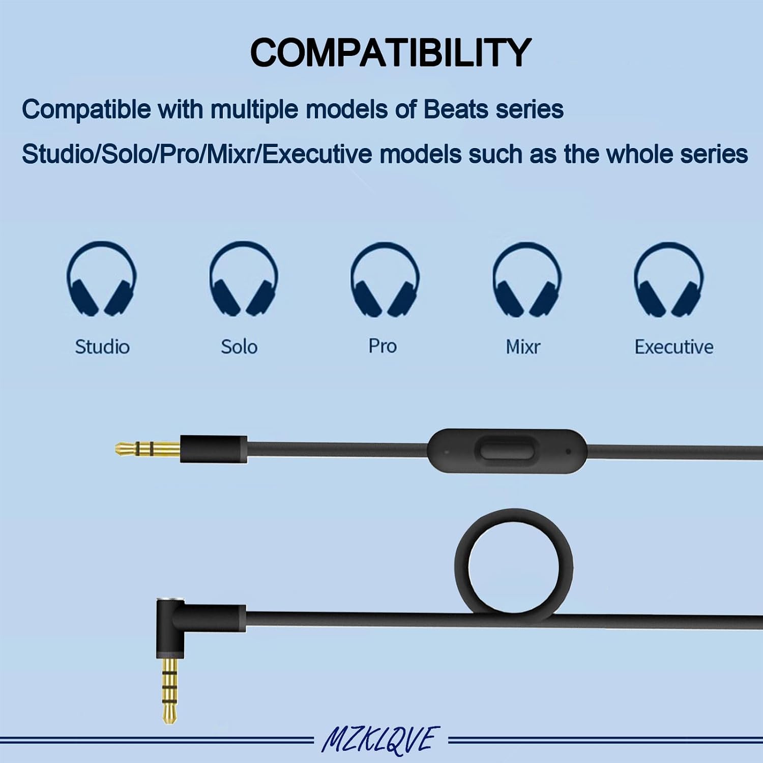 Audio Cable Cord Wire with in-Line Mic & Control - Replacement for Beats Series Studio Solo Pro Detox Mixr Executive Pill (Black)