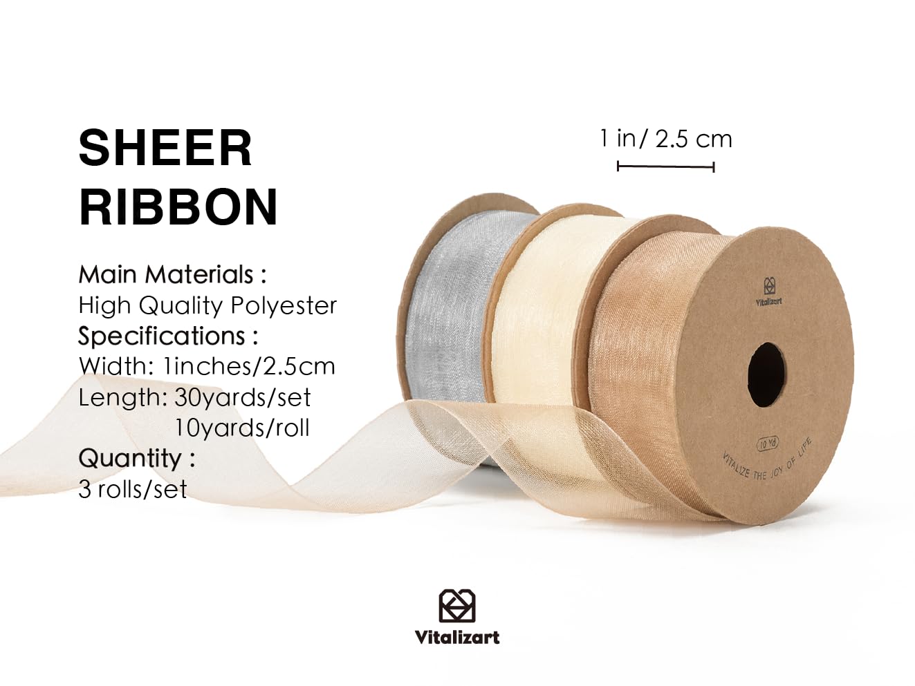 Vitalizart Nude & Cream & Silver Grey Organza Ribbon 1'' x 30YD (3 Rolls*10YD) - Image 2