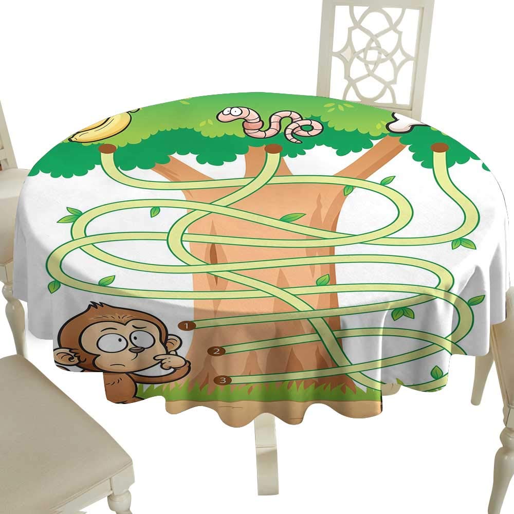Cranekey Polyester round tablecloth 50 Inch Kids Activity,Curious Monkey Trying to Reach the Banana Maze Design Pathway Funky Forest,Multicolor Great for,Holiday Dinner & More