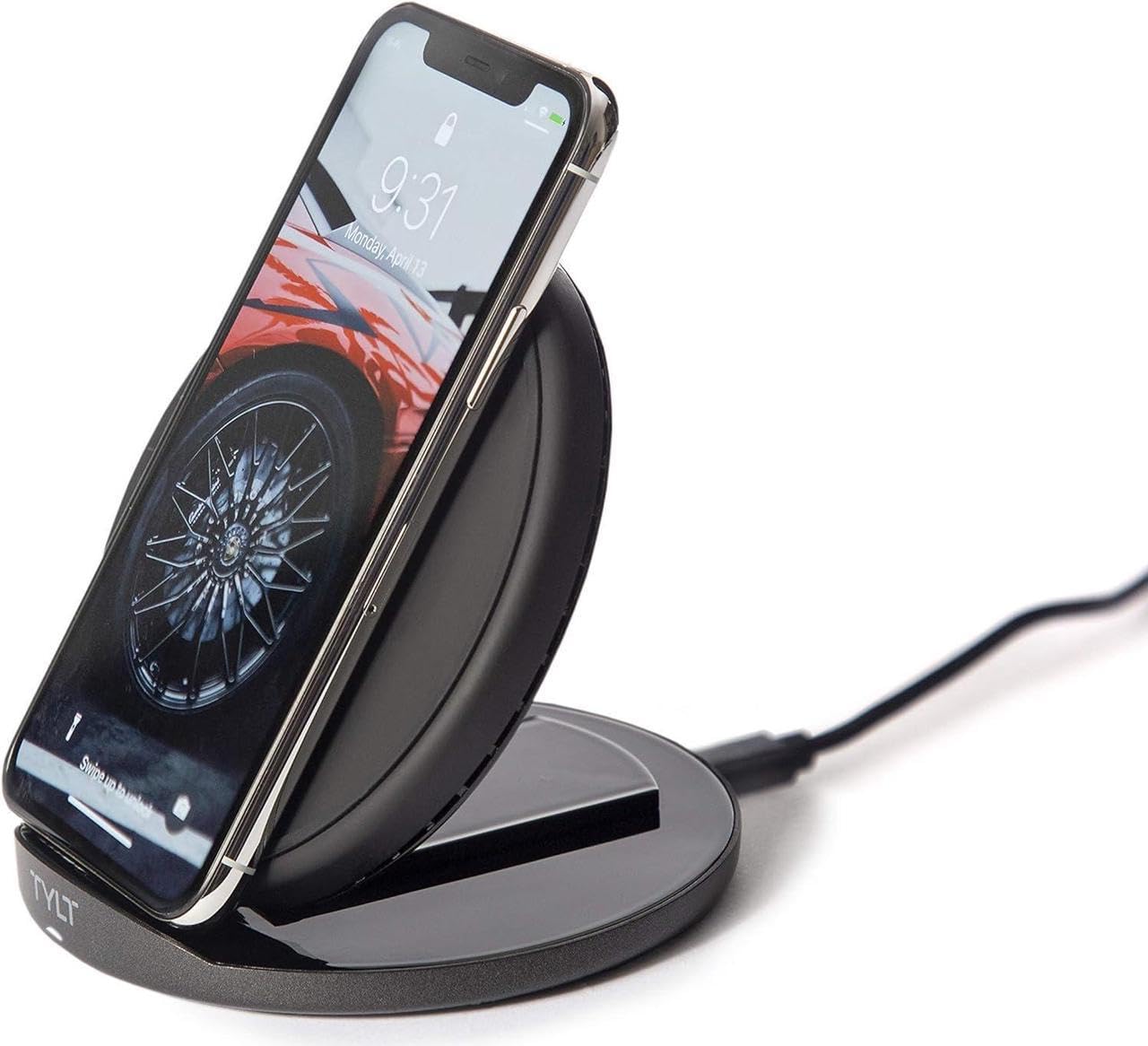 TYLT Crest 15W Wireless Charging Convertible Stand in stand mode with a smartphone charging.