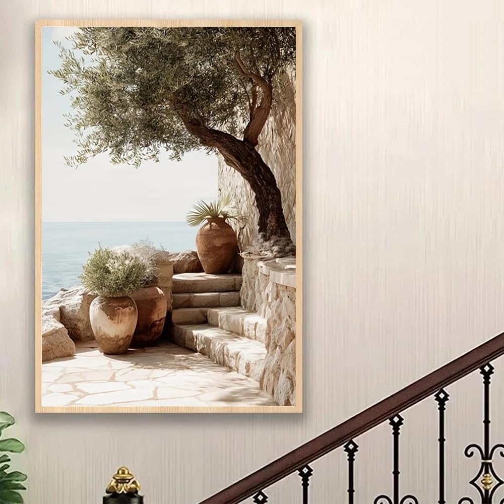 GOSRD Olive Tree And Terracotta Pots Canvas Prints Poster Art For Living Room, Bedroom Office(70x100CM/Frameless)