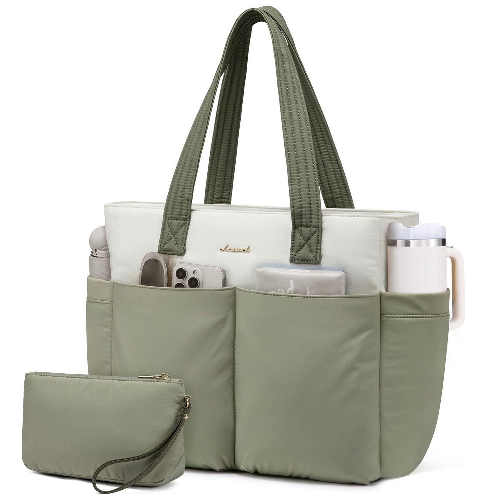 LOVEVOOK Puffer Tote Bag with 8 Pockets Cosmetic Bag Waterproof Work Bag for Women Puffer Tote for Women