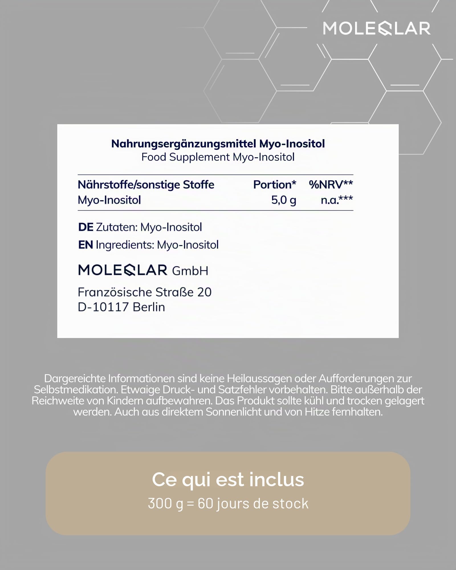 MoleQlar Myo-Inositol Poudre 300 g, Complément Alimentaire 5 g d'Inositol par Dose, Texture Fine Facile à Mélanger ou Mettre en Gélules, Usage Quotidien Pratique et Simple, 60 Capsules à Consommer