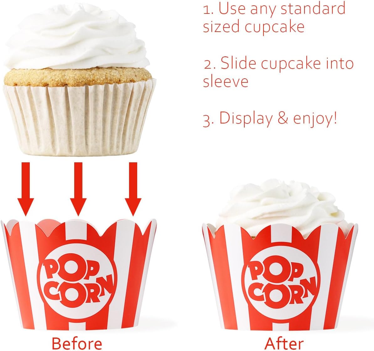Popcorn Cupcake Wrappers, Red and White Striped - Circus Party Supplies, Carnival Decorations, and Movie Night Theme - Set of 48 for Birthday Parties and Celebrations