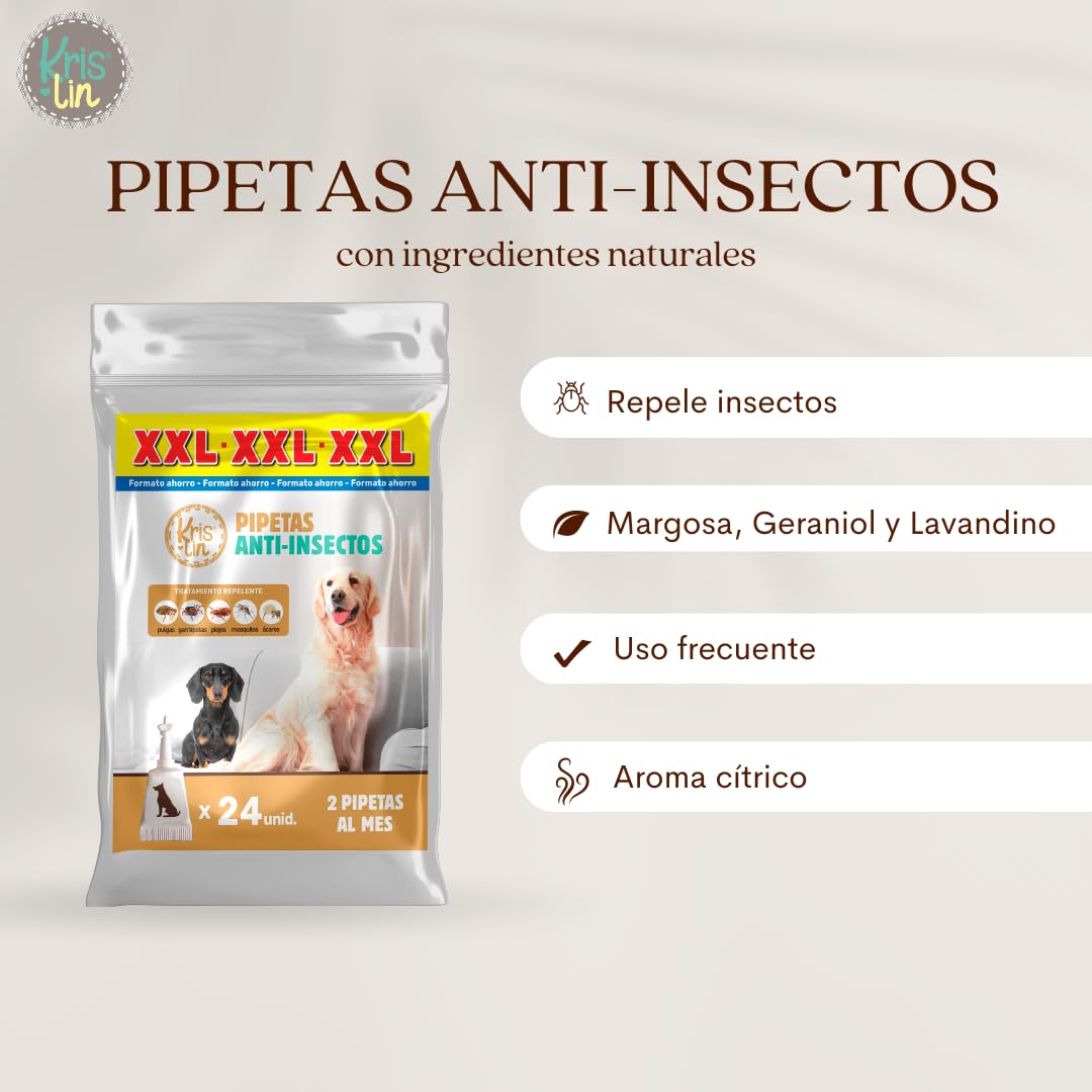 Pack de 24 Pipetas Anti-Insectos para Perros con Margosa, Geraniol y Lavandino | contra Pulgas, Garrapatas, Mosquitos y flebótomos | Único | 1,5 ml