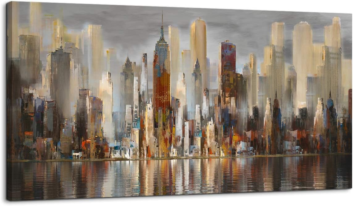Wall Decorations Framed Large Cityscape New York Wall Decor Canvas Prints Abstract Brown City Theme Paintings Modern Canvas Wall Art for Living Room Bedroom Big Size 30x60 30×60 Inches Urban Abstract Wall Art