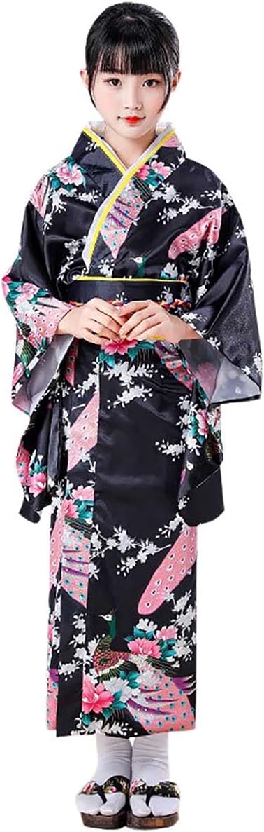 Japanese Kimono Kids Dress Traditional Peacock Flower Long Yukata Haori Costume Geisha Girls Fancy Dress