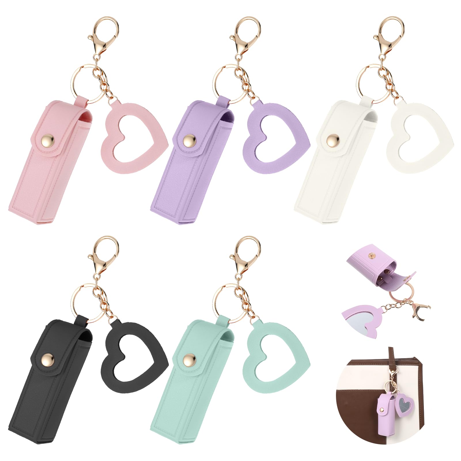 Xelsluthe Lipstick Holder for Purse, 5 PCS Lip Gloss Keychain Holder PU Leather Potable Lipstick-Holder for Purse Holders with Mirror Travel Storage Case Lipstick-Pouch for Perfume Women Girls Makeup