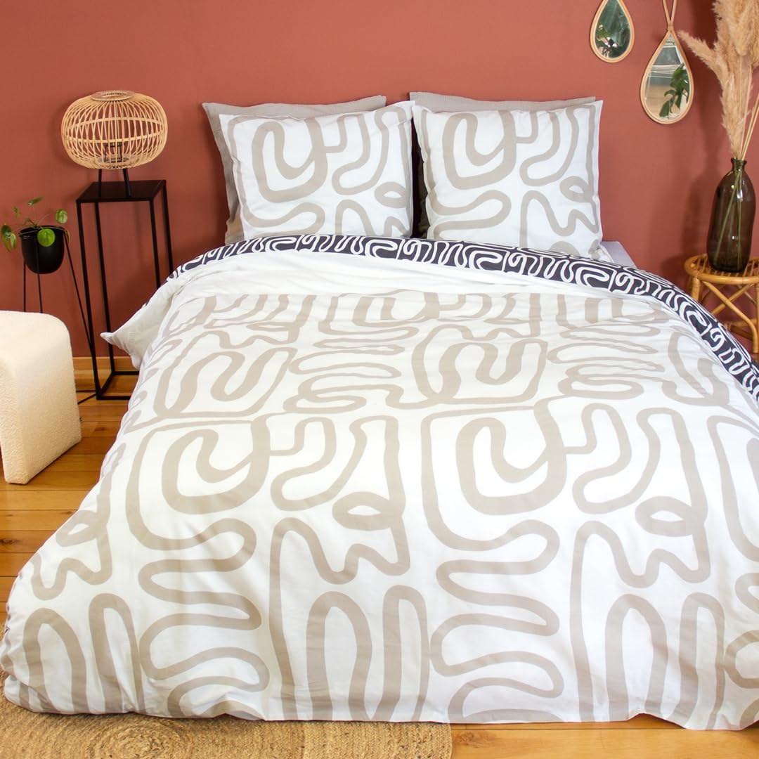 Housse de couette 220x240 cm géométrique beige pour transformer l'ambiance de la chambre