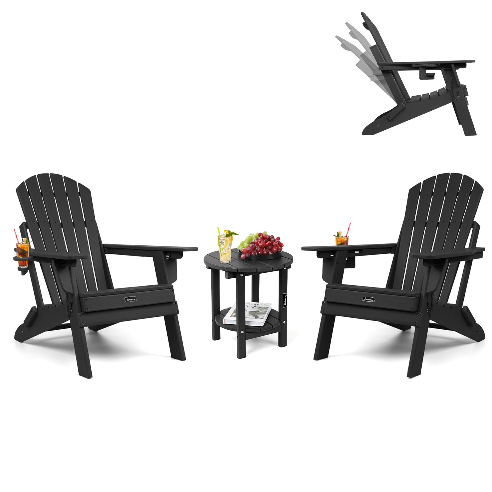 FUNBERRY Adjustable Backrest Adirondack Chair 1/2/4 (Black, 2 Chairs+1 Table)