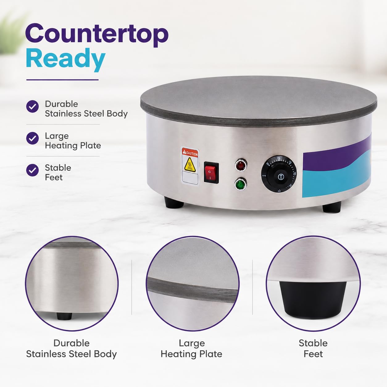 Máquina de crepe eléctrica de 2800 W, crepe, temperatura ajustable con espátula de madera, crepera, apta para familias, cafeterías, restaurantes