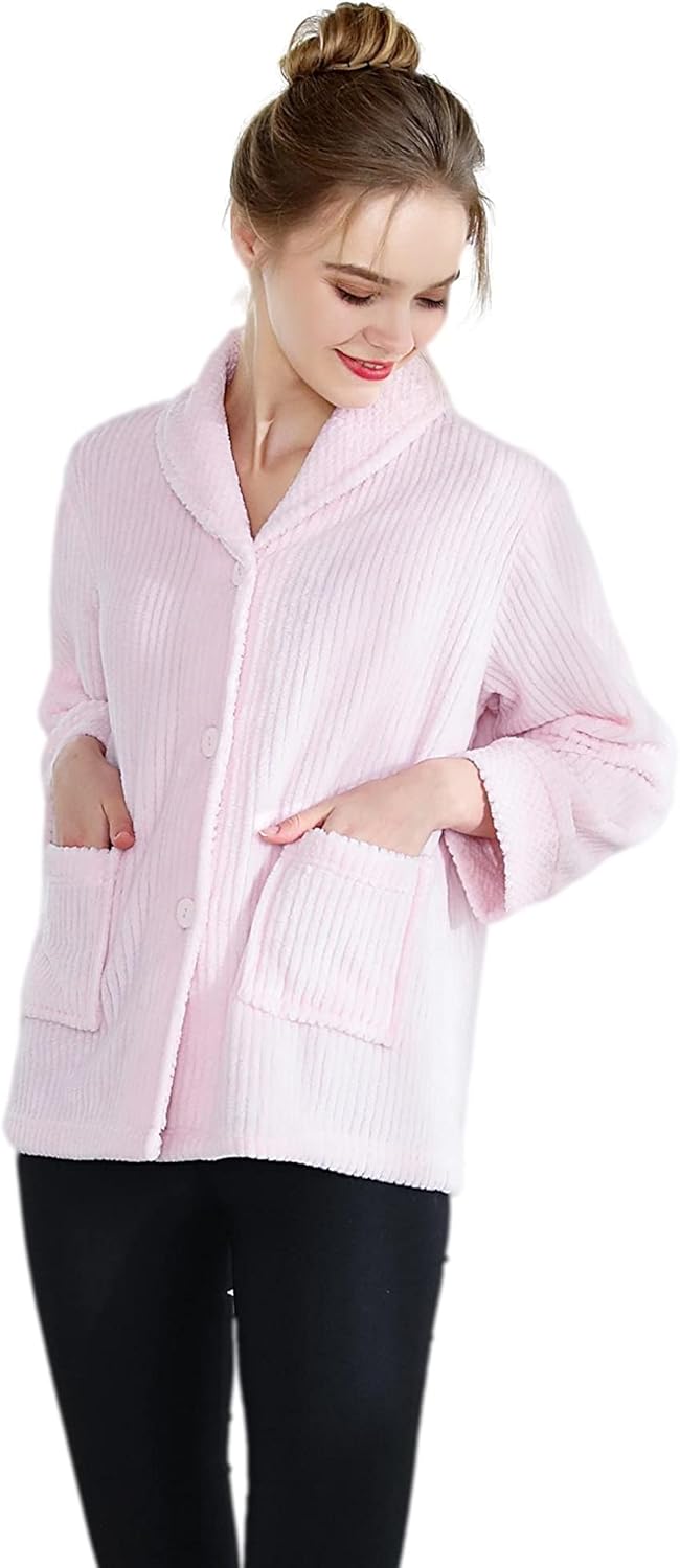 Loungees Women's Drop Needle Coral Fleece Shawl Collar Button Front Bed Jacket - 1X Pink
