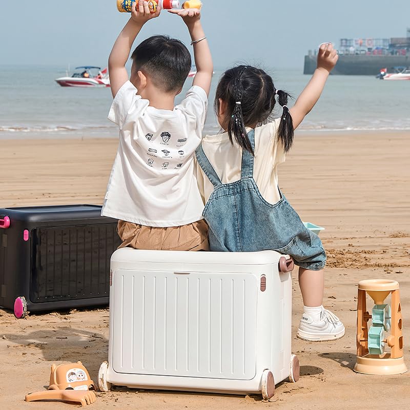 Mrbin Collapsible Kids Toy Storage Bins with Lids and Handle, Cubby Rectangle Cute Totes Clothing Plastic Box on Wheels, Nursery Organizer Chest for Living Room, Classroom, Pantry, Playroom, White