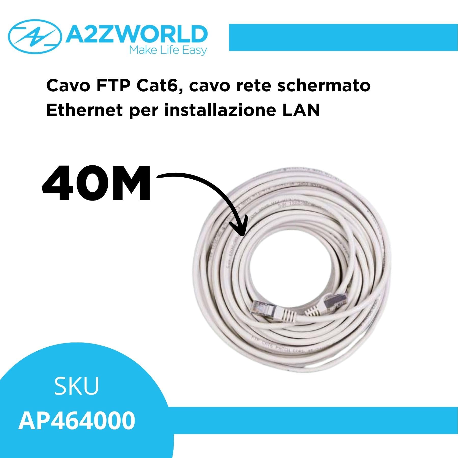A2ZWORLD Cable Ethernet Cat 6, 40 metros, FTP RJ45, cable de red blindado, LAN, cable de red para módem router PC Switch Smart TV Console