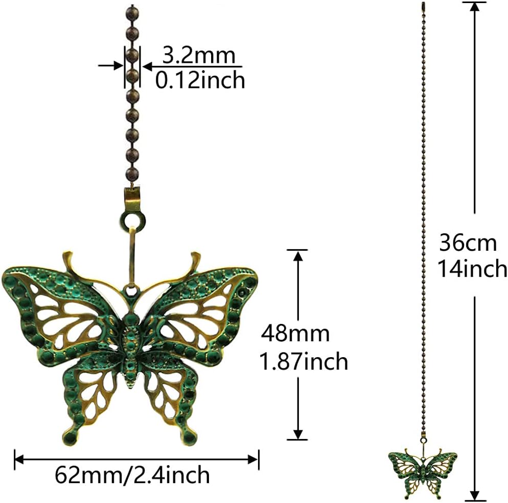Ceiling Fan Pull Chain Extender, 2 Pack 12 Inch Vintage Butterfly Fan Pull Chain Extension with Connector, Pull Chains for Ceiling Fans and Lights (Green)