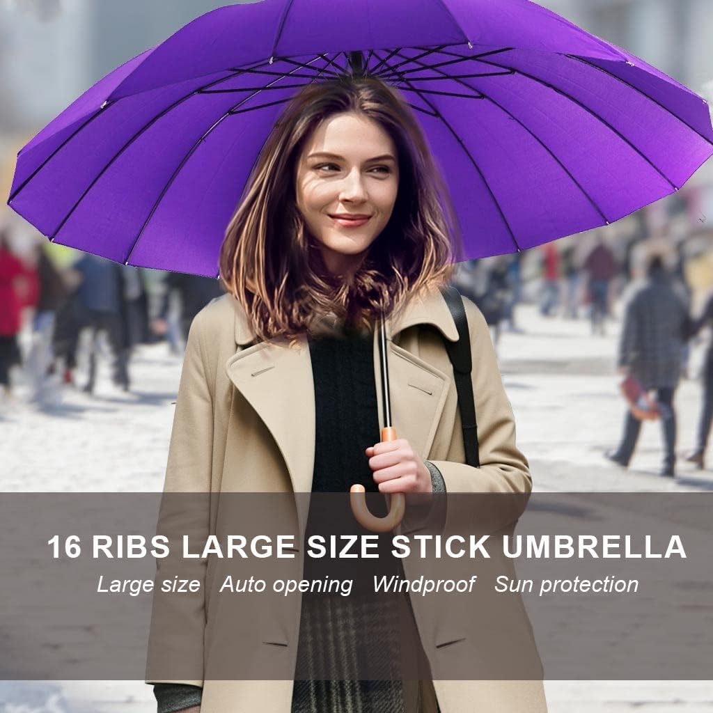 MRTLLOA 52 Inch Windproof Large Umbrellas for Rain, 16 Ribs, J Wooden Handle, 210T High-density Fabric Golf Stick Umbrella - Image 3