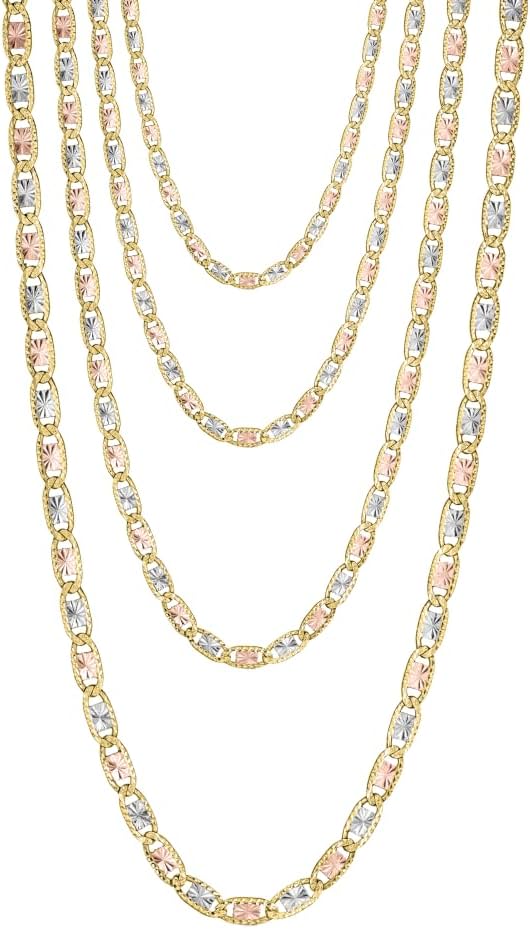 Floreo Cadena Valentino de Corte Diamante Sólido en Oro Amarillo 10k, Oro Blanco y Oro Rosa (2mm, 2.5mm, 3.3mm, 4.2mm, 5mm)