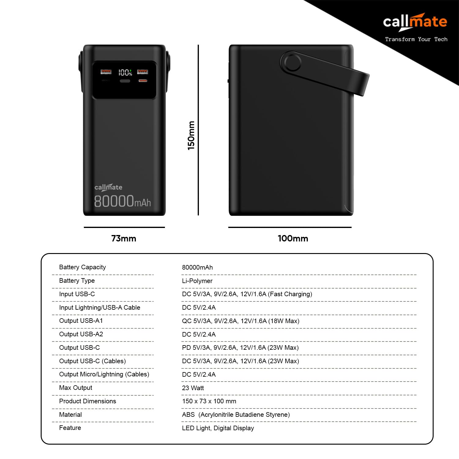 CALLMATE 80000mAh 23W Fast Charging Power Bank with 4 in 1 Built-in Detachable Cables, USB-C PD & Dual USB-A QC 3.0 Outputs with Lightn-ing Input & Digital Display (Black, Pop-Up LED Light) — Amazon image 6