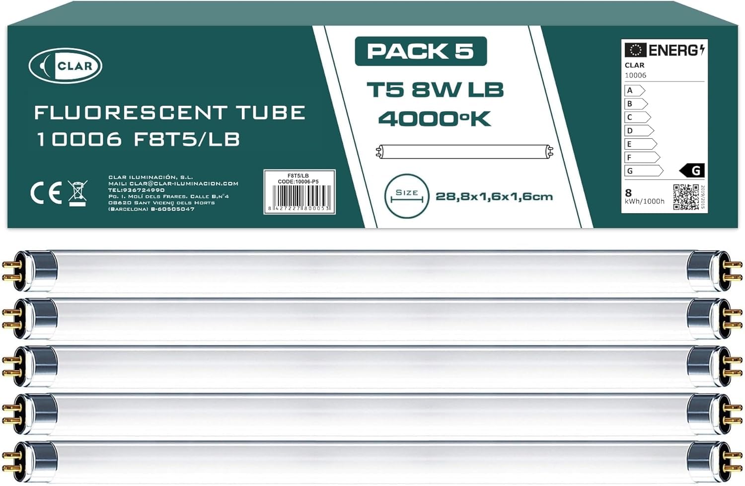 CLAR - Fluorescent Light Tubes, T5 Bulb, Fluorescent Light, T5 8W Fluorescent Tube, 28,8 x 1,6 cm (8 Watts T5, Pack 5)
