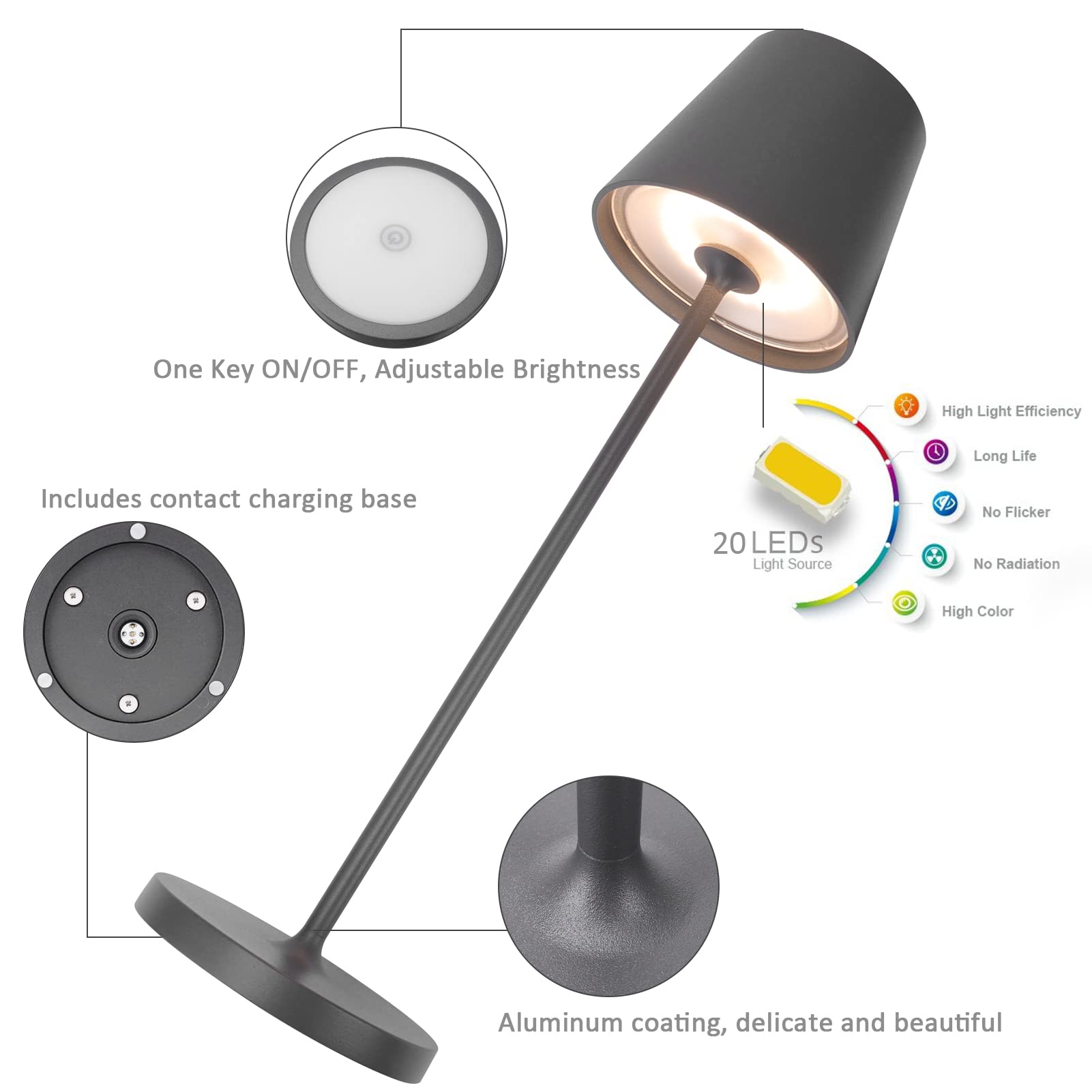 K-Bright Lámpara de mesa con batería LED | Regulable brillo | Recargable Color de luz blanca cálida | Para interior y exterior | con contacto base de carga | gris oscuro
