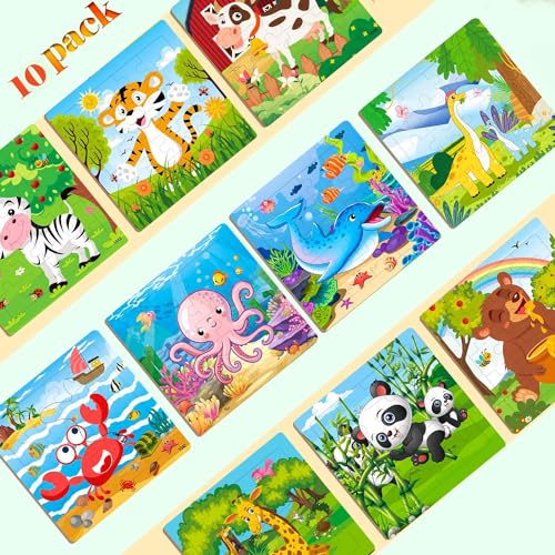 Rompecabezas de madera para niños de 3 a 6 años, paquete de 10 rompecabezas jigsaw de 20 piezas con animales (jirafa, tigre, cangrejo, delfín, dinosaurio, panda, cebra, oso, vaca y pulpo) miniatura 2