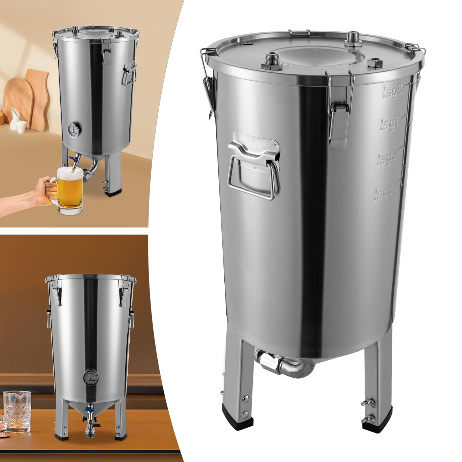 Recipiente de fermentación grande de acero inoxidable de 32 litros, apto para uso alimentario con fondo cónico y sellado hermético, adecuado para cerveza, enzimas, vino y vino de frutas