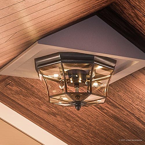 Urban Ambiance Luxury Colonial Outdoor Ceiling Light, Medium Size: 8" H x 15.25" W, with Tudor Style Elements, Versatile Design, High-End Black Silk Finish and Beveled Glass, UQL1155