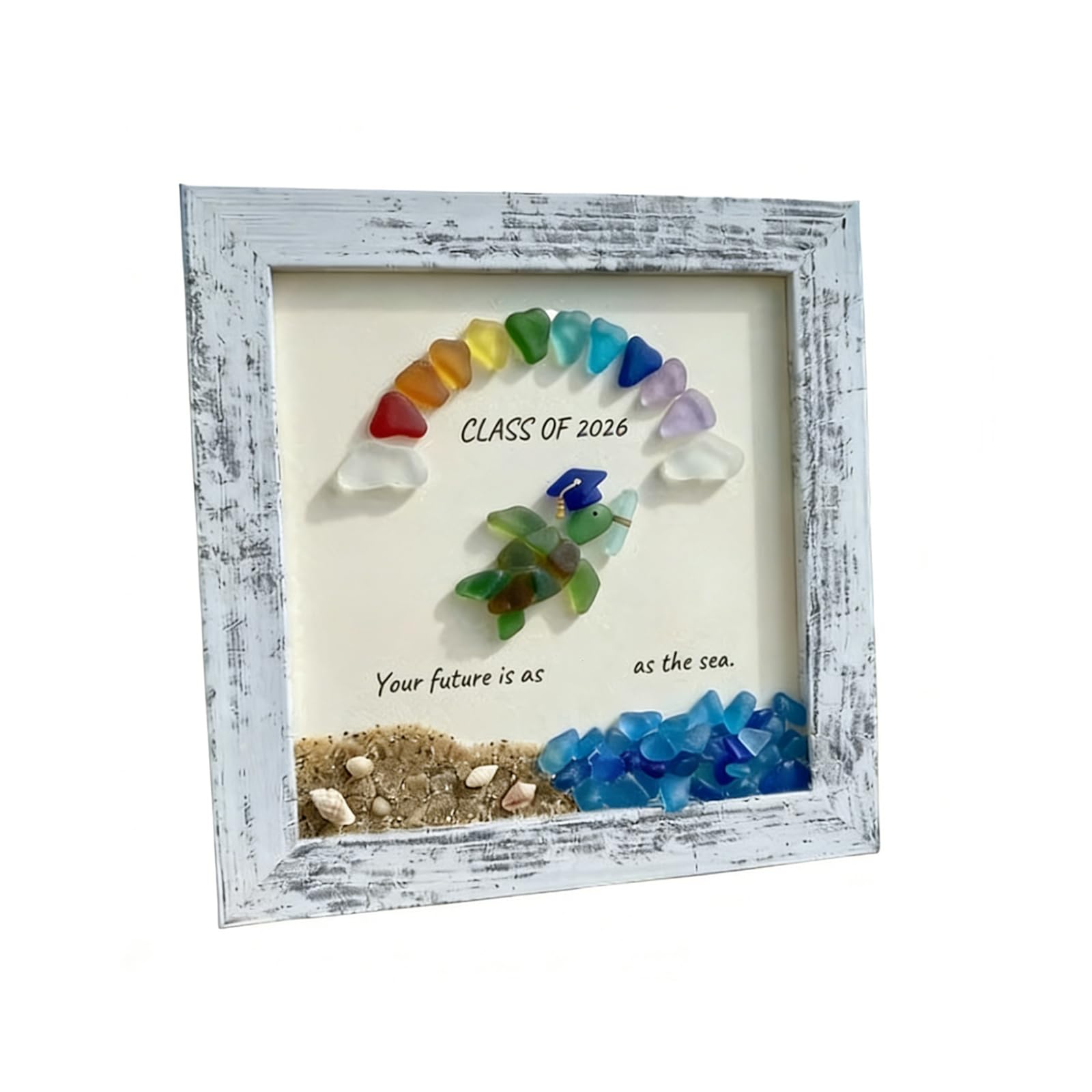 Jazuaiao Artistic Sea Glass Photo Frame with Natural Ideal Graduation Present Sea Encouraged Photo Frame