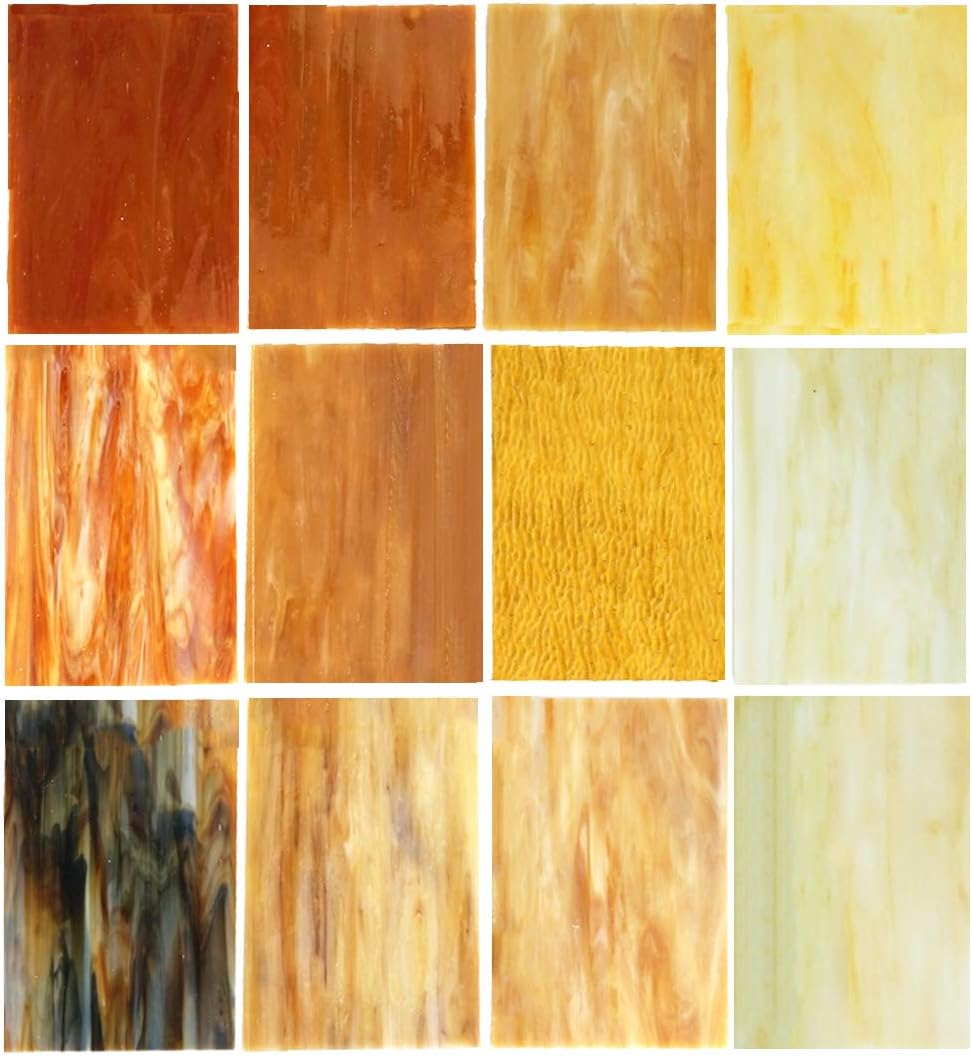 Lanyani 10 Sheets Amber Variety Stained Glass Pack - 4x6 Inch Opal Tiffany Art Glass with Mixed Textures