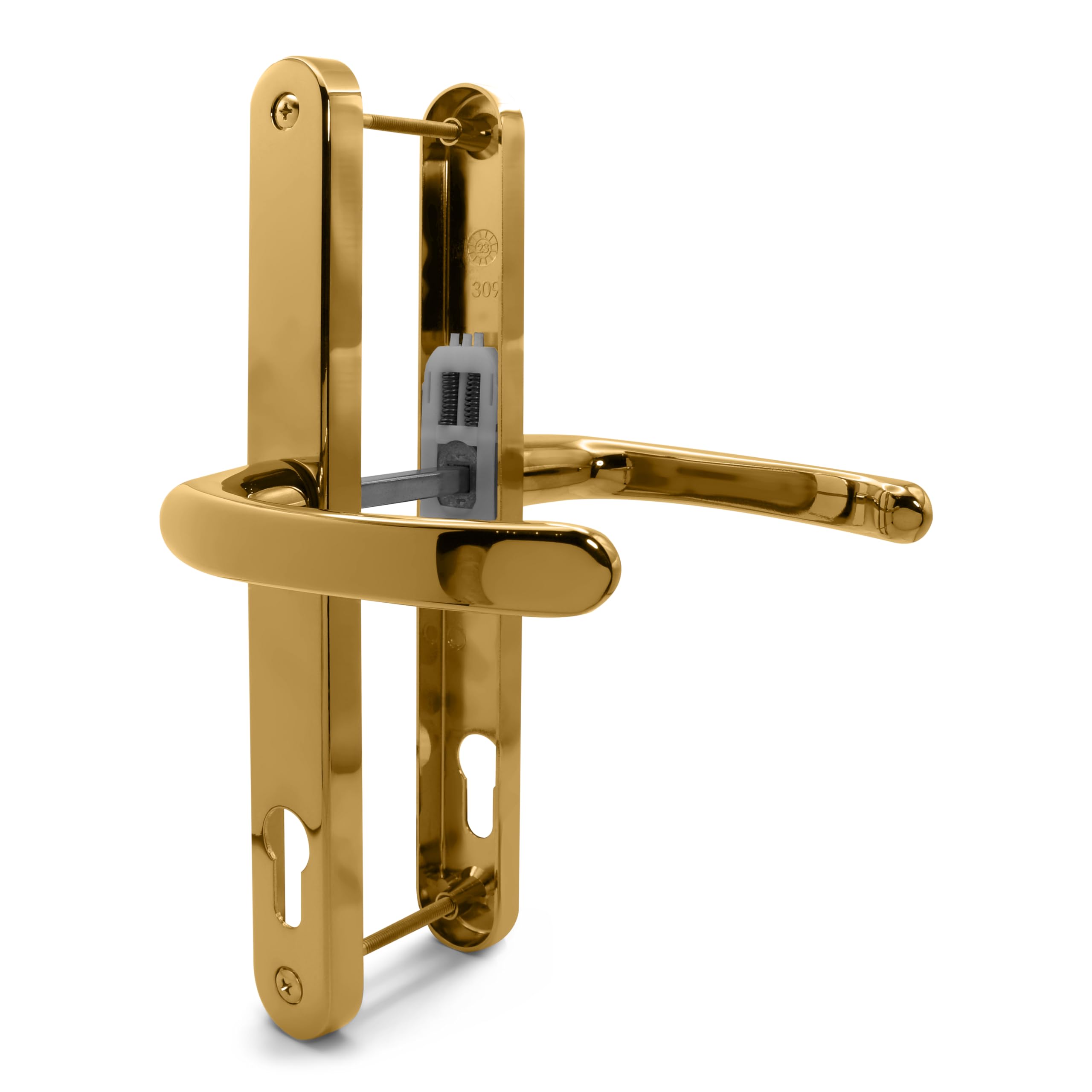 TSS Polished Brass UPVC Door Handle Pair Set, 92mm PZ (Centres), Sprung, Lever Lever, 240mm Screw to Screw (Screw centres)