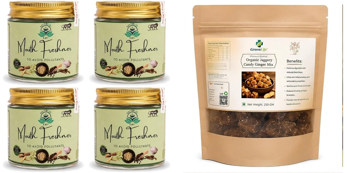GREEN LIFE Digestive Mukhwas 50g | Saunf Mouth Freshener for Fresh Breath & After Meal Refreshment | Hygienically Packedpack of 4Organic Jaggery Candy Ginger Mix 250g | Natural Desi Gur-image-33