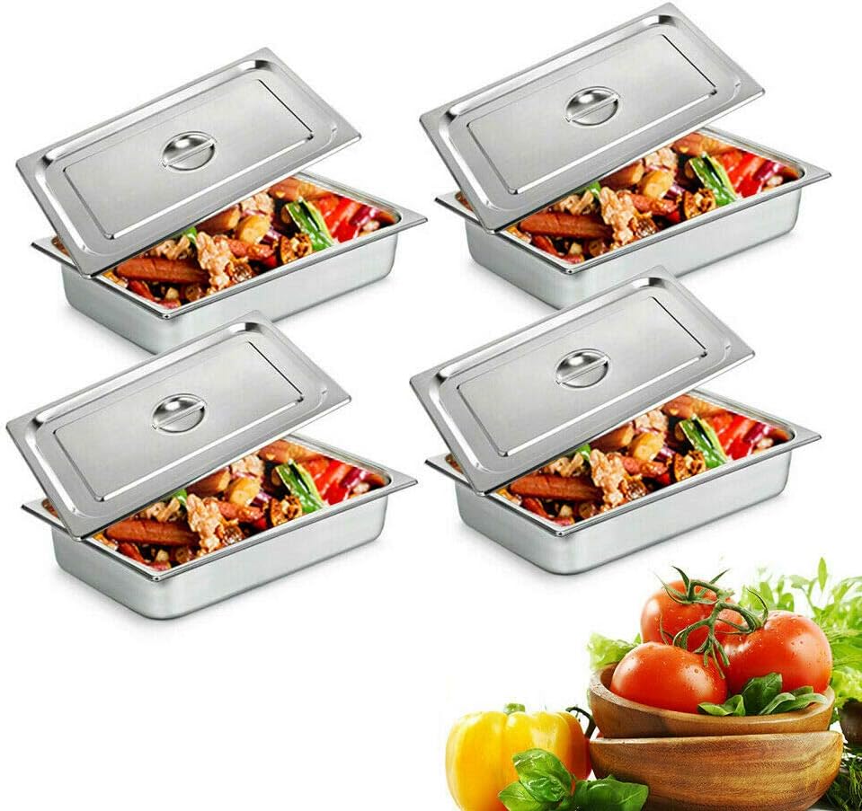 Table Pan 4 PCS Stainless Steel Steam Pans with Lids 4 in deep Food Prep P-an Commercial Integrated Design Hotel P-an for Buffet Food Service Catering Kitchen Daily Use 20x 12 x 4 in