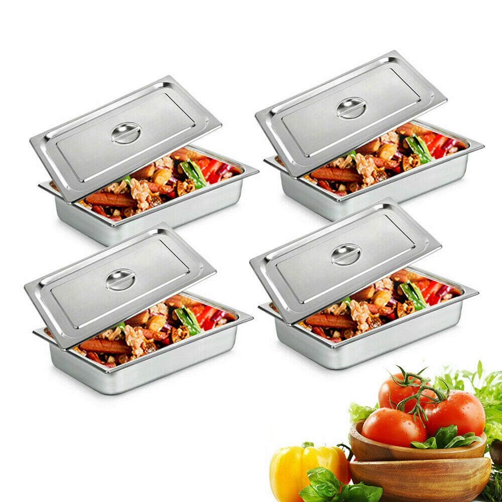 4 recipientes Gastronorm apilables de acero inoxidable antiadherentes Chafing Dish Recipientes con tapa de acero inoxidable para buffet Chafing Dish, vaporera
