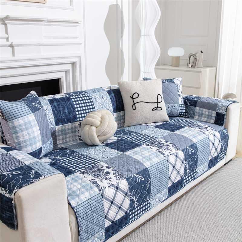 HOMETHREADS Premium Style Anti Slip Sofa Cover Set | Cotton Sofa Slipcover | 1Pc Front Cover with Attached Armrest + 1Pc Back Cover (Navy_Square_Boxes, 4 Seater | 200x185cm)