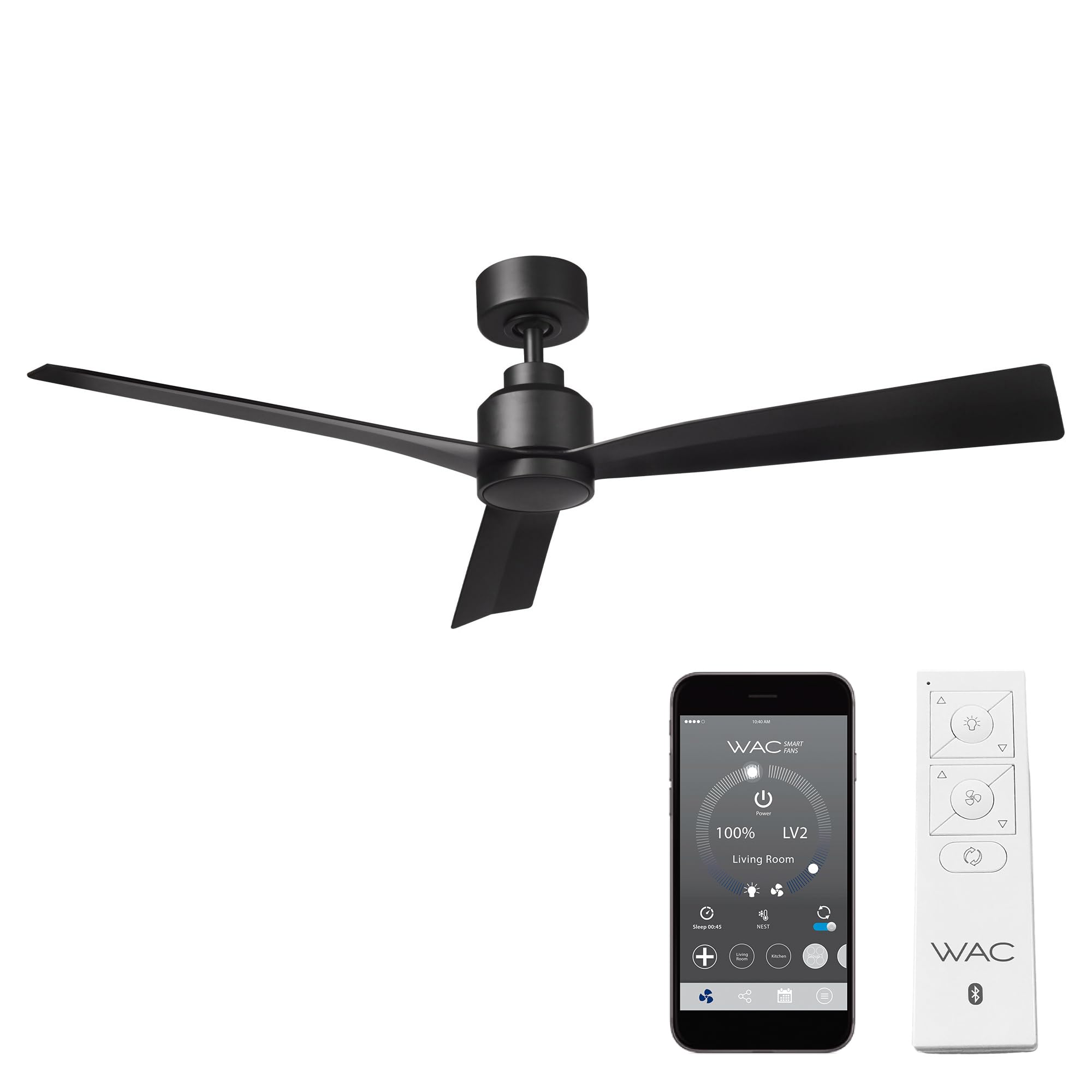 WAC Smart Fans Clean Indoor and Outdoor 3-Blade Smart Home Ceiling Fan 52in Matte Black with Remote Control works with Alexa and iOS or Android App