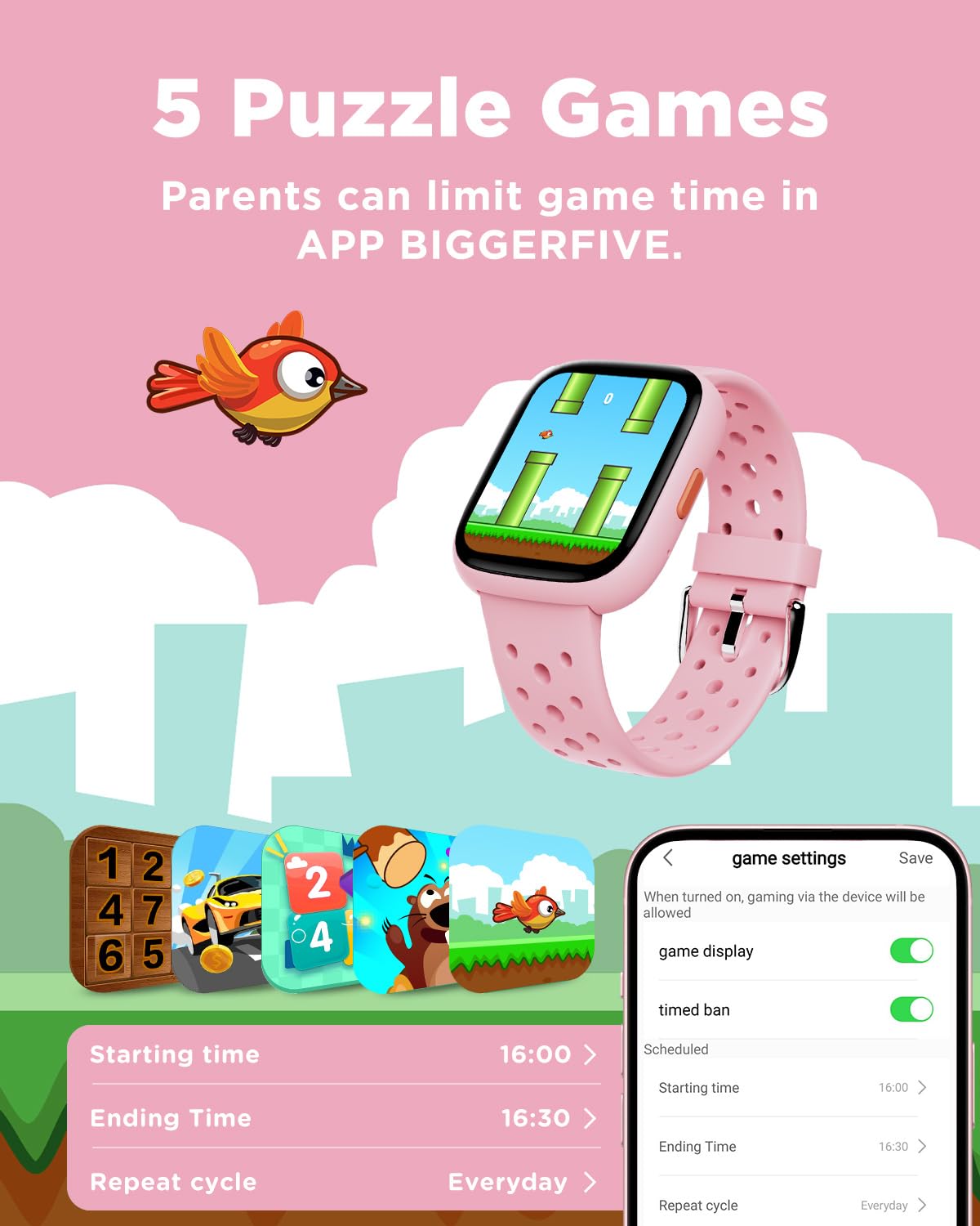 Biggerfive Smartwatch dla dzieci, 1,8-calowy zegarek fitness z krokomierzem, 24/7 pomiar tętna, monitor snu, alarm wibracyjny, klasa wodoszczelności IP68, gry logiczne z/bez aplikacji, dla dziewczynek