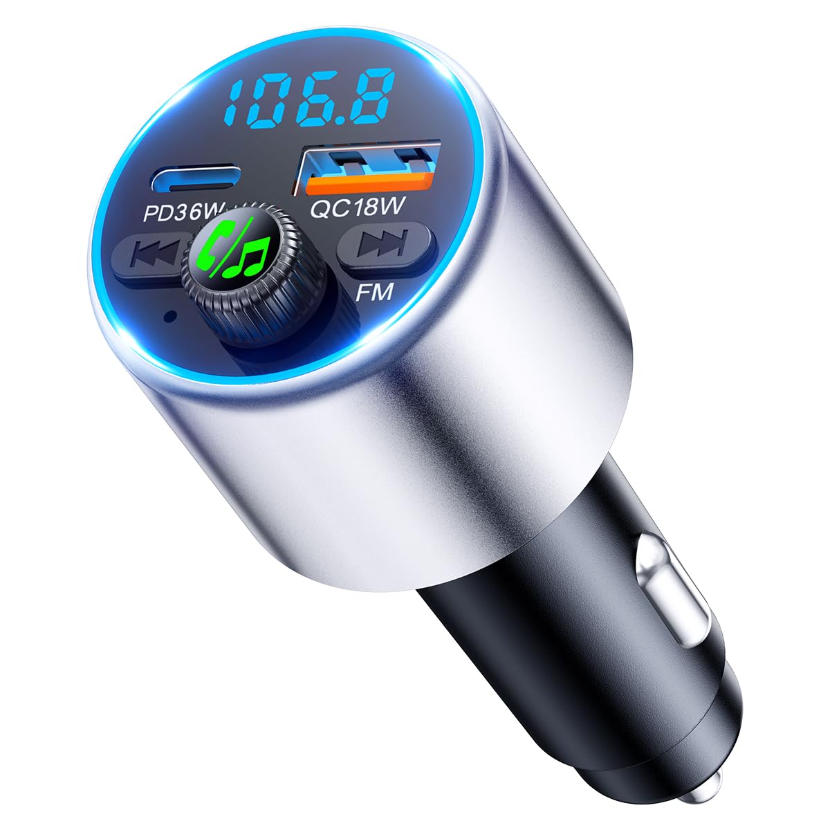 EOIWUY Aggiornato Trasmettitore FM Bluetooth 5.3 per Auto, [Ricarica Rapida] Bluetooth Auto con PD36W & QC3.0, [Suono Hi-Fi Nitido & Potente] Amplificatori Mono Adattatore Bluetooth Accendisigari Car