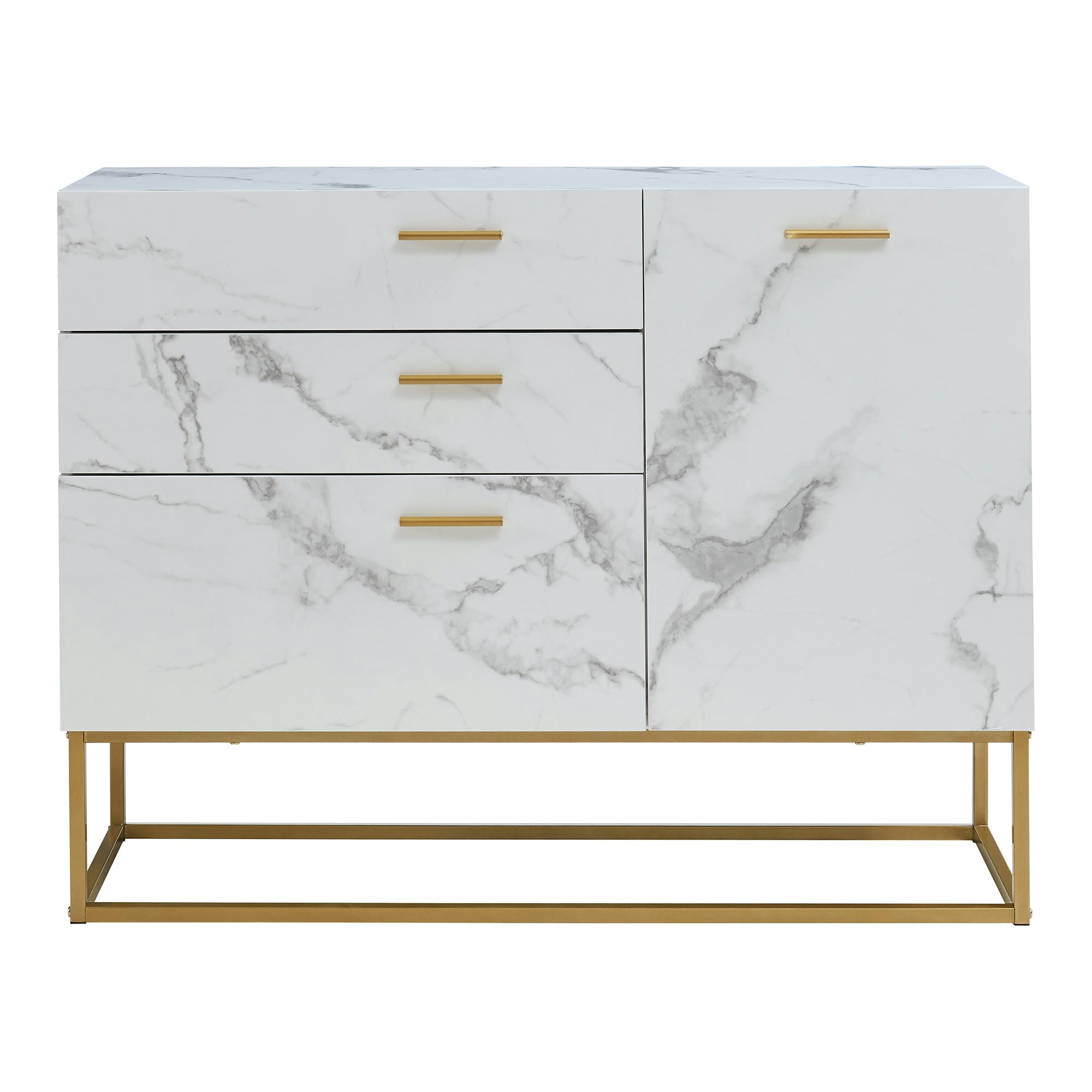 [en.casa] Comò con Anta e 3 Cassetti Armadio Basso Mobile Contenitore per Soggiorno Ingresso con Telaio in Metallo 75 x 100 x 35 cm Dorato/Effetto Marmo Bianco